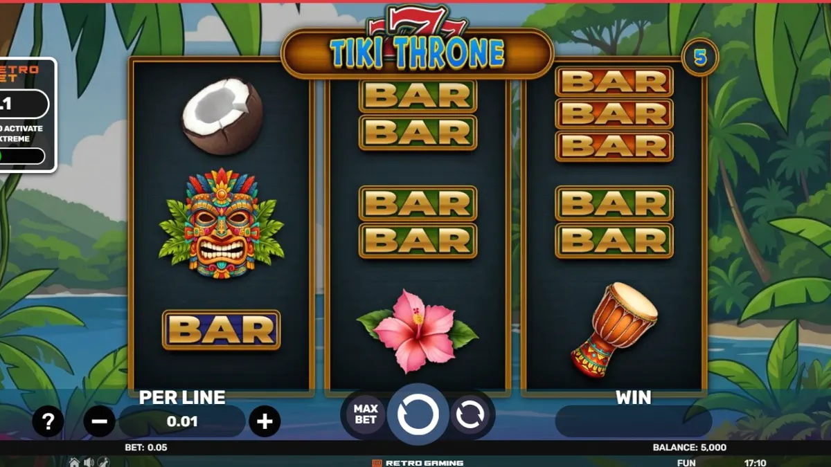 Interface do jogo 777 – Tiki Throne com temática tropical e símbolos clássicos