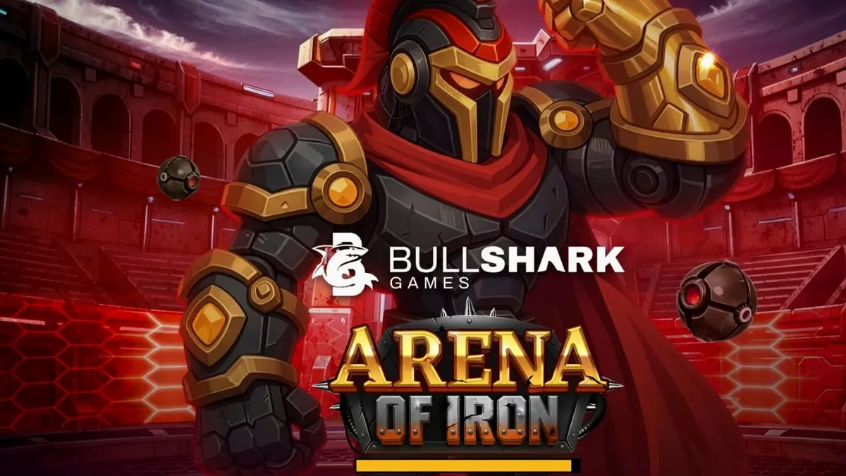 Arena of Iron slot com gladiadores robóticos em um campo de batalha futurista