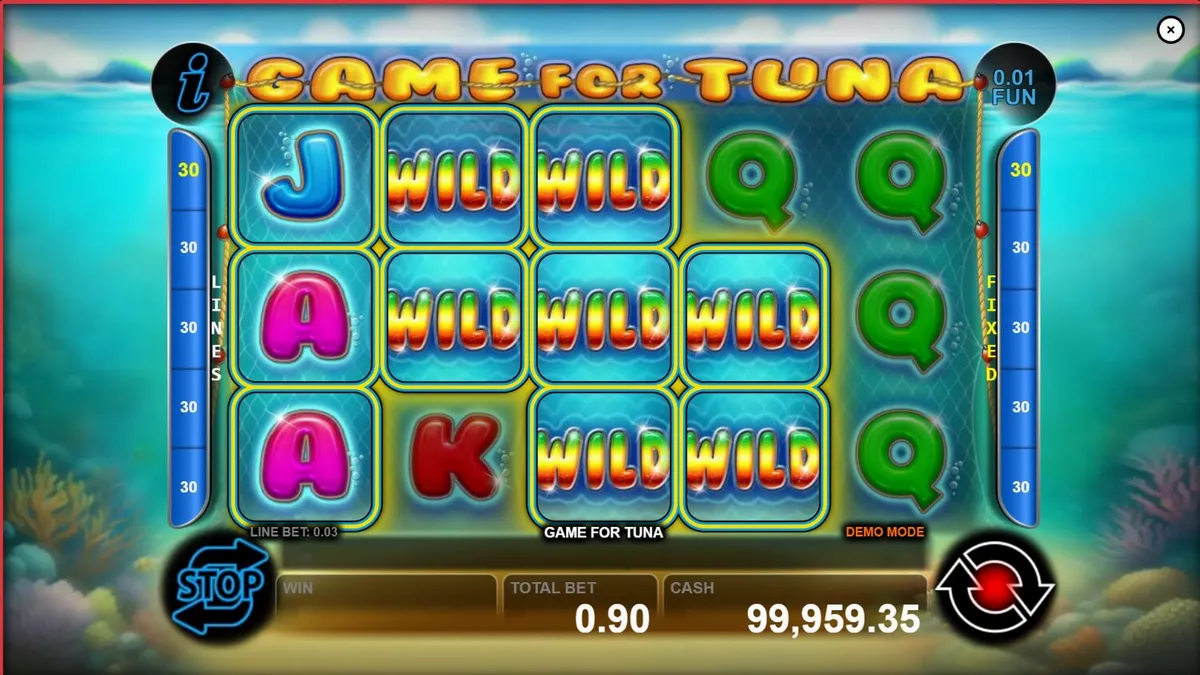 Interface do slot Game For Tuna com símbolos temáticos de pesca e oceano